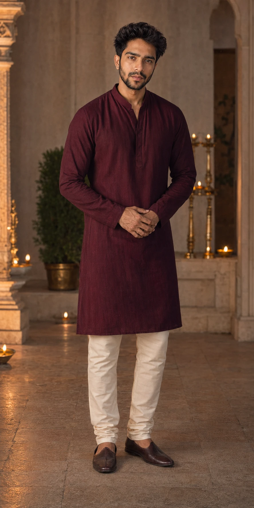 7VIK wearing a deep maroon kurta in a heritage setting