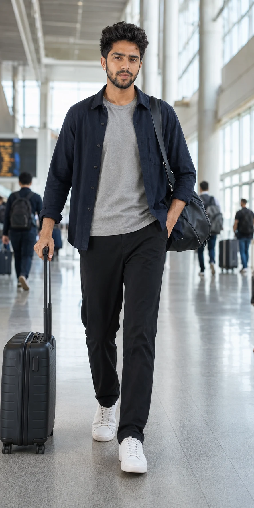 7VIK walking through an airport with luggage