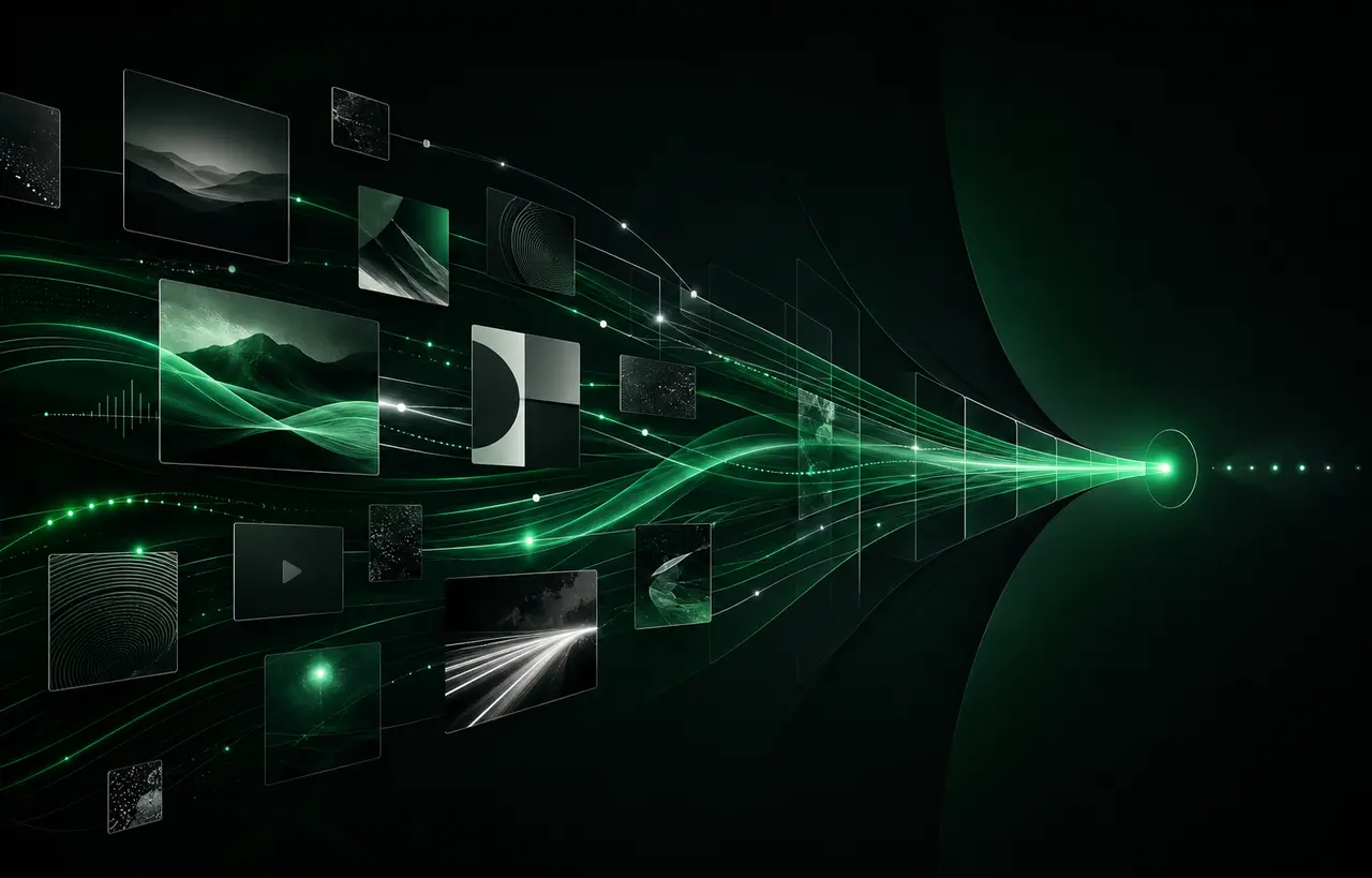 Layered emerald forms representing visual storytelling and motion