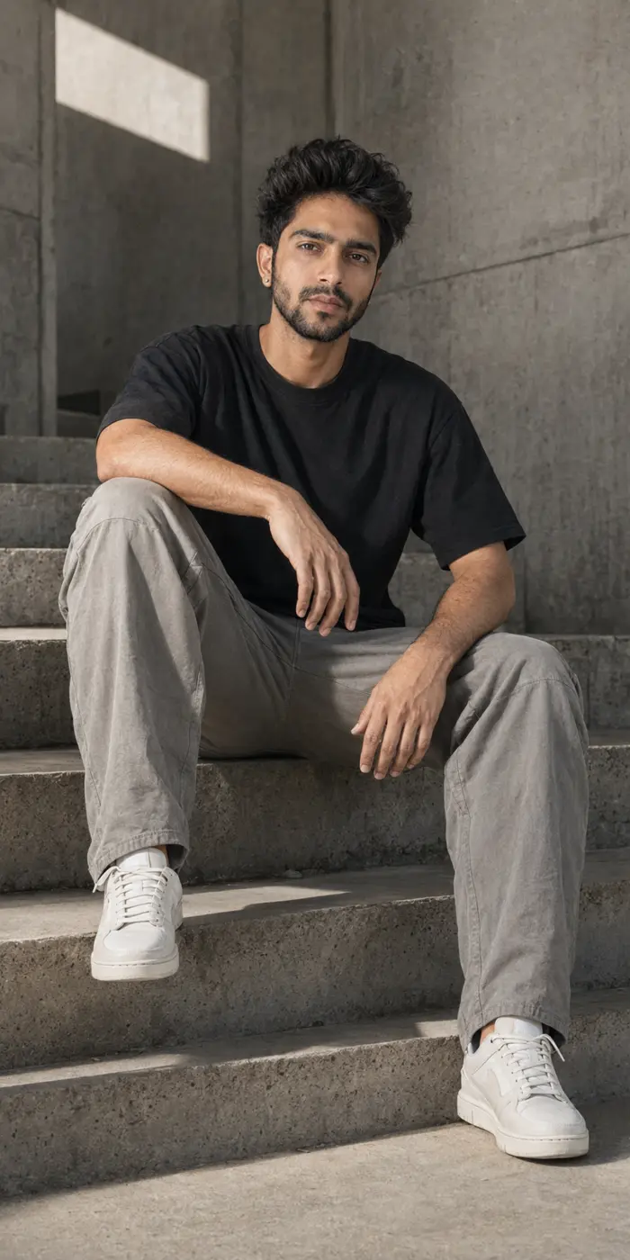 7VIK Avatar in a black t-shirt seated on concrete steps