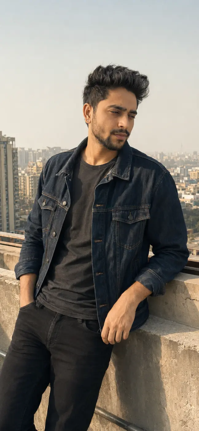 7VIK Avatar wearing a denim jacket on a city rooftop
