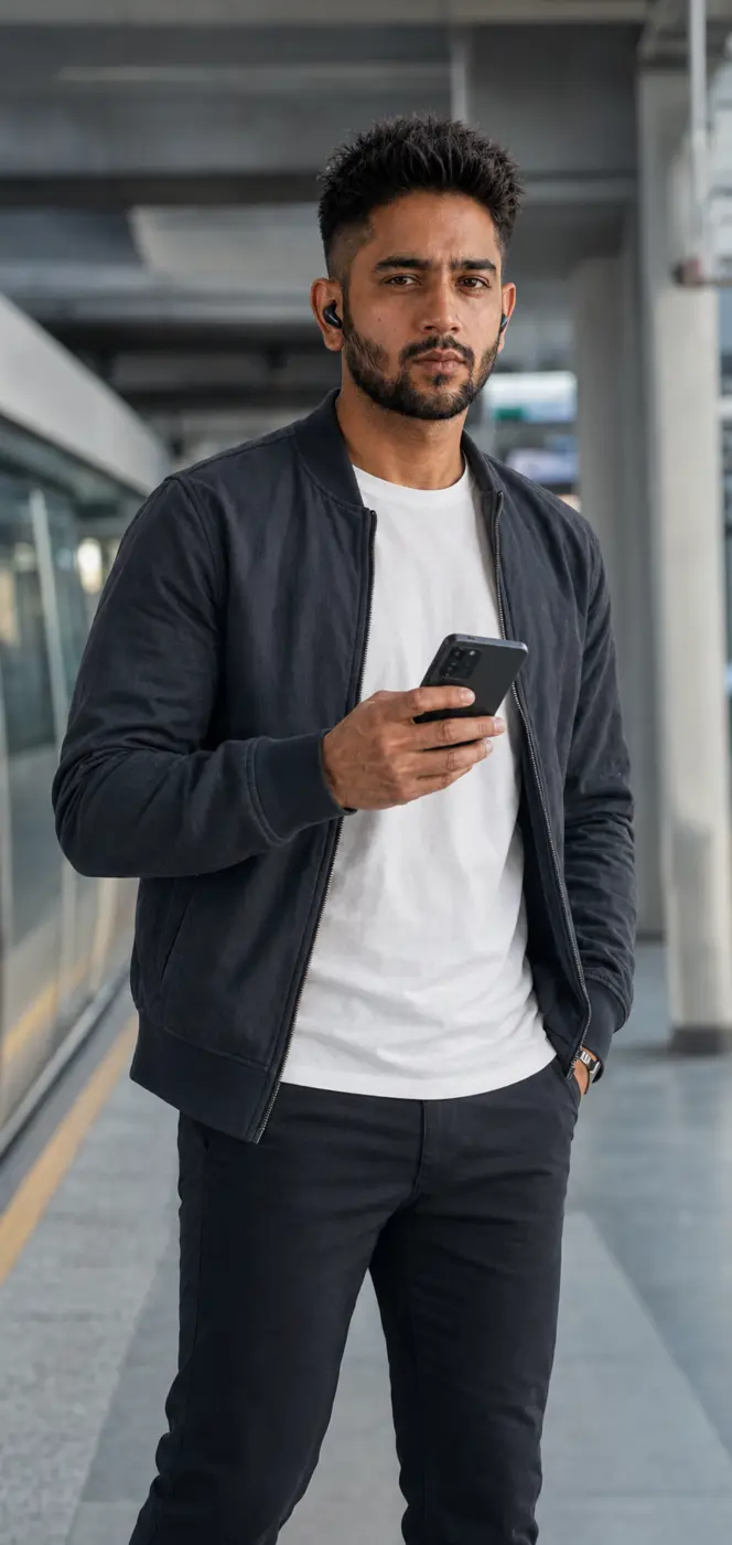 7VIK Avatar holding a smartphone in a modern travel campaign setting
