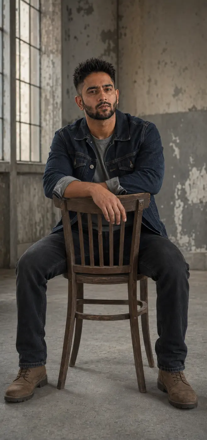 7VIK Avatar seated backwards on a vintage chair in an industrial studio