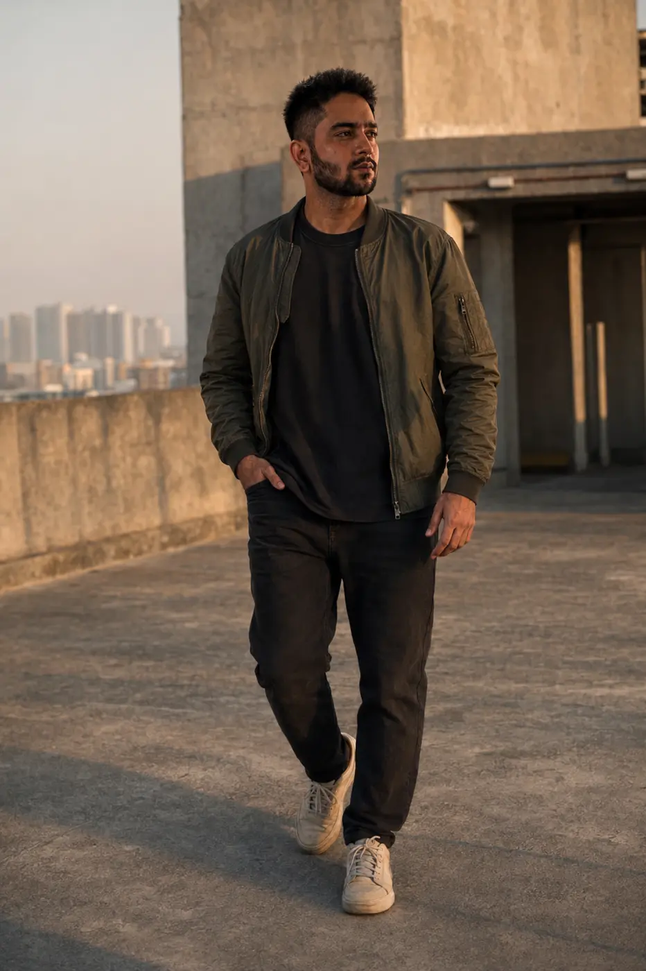 7VIK Avatar walking across a rooftop in a bomber jacket