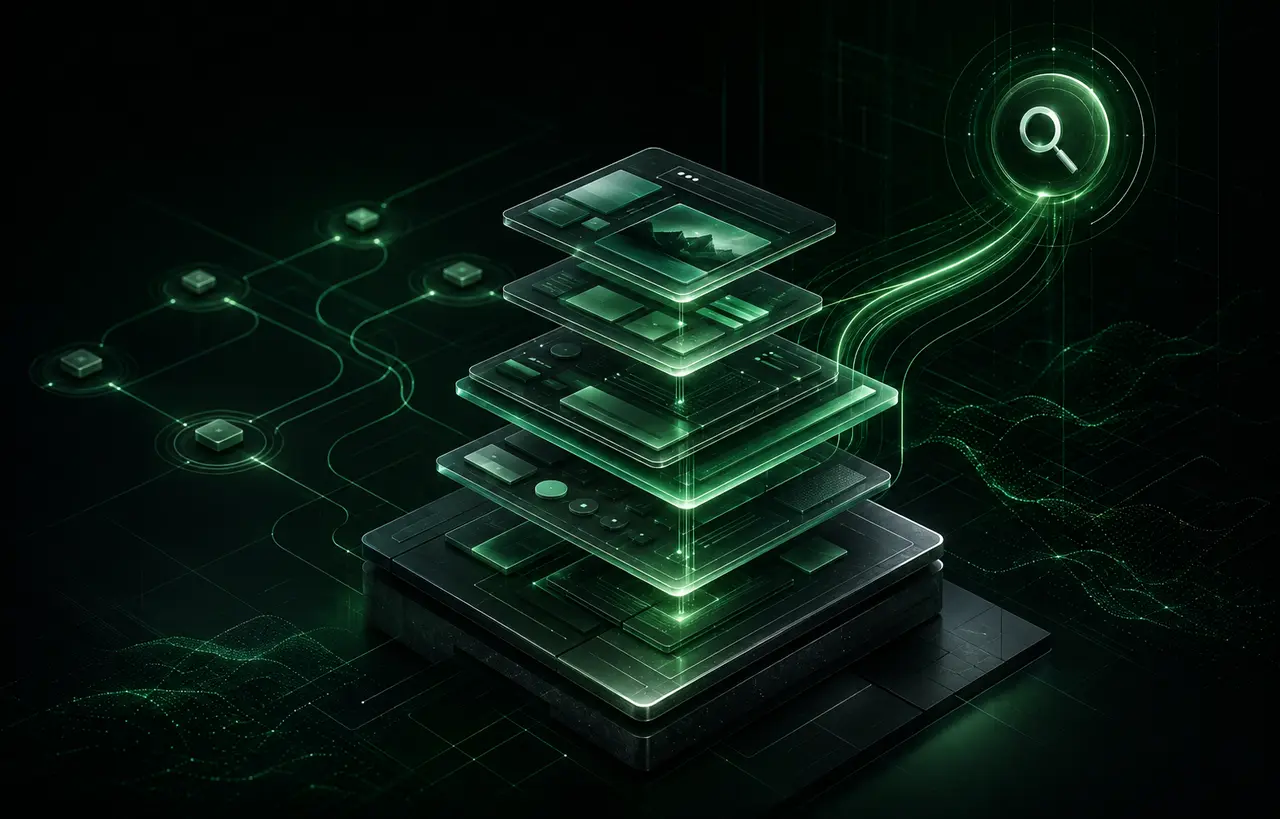 Emerald web layers representing website development and search visibility working together